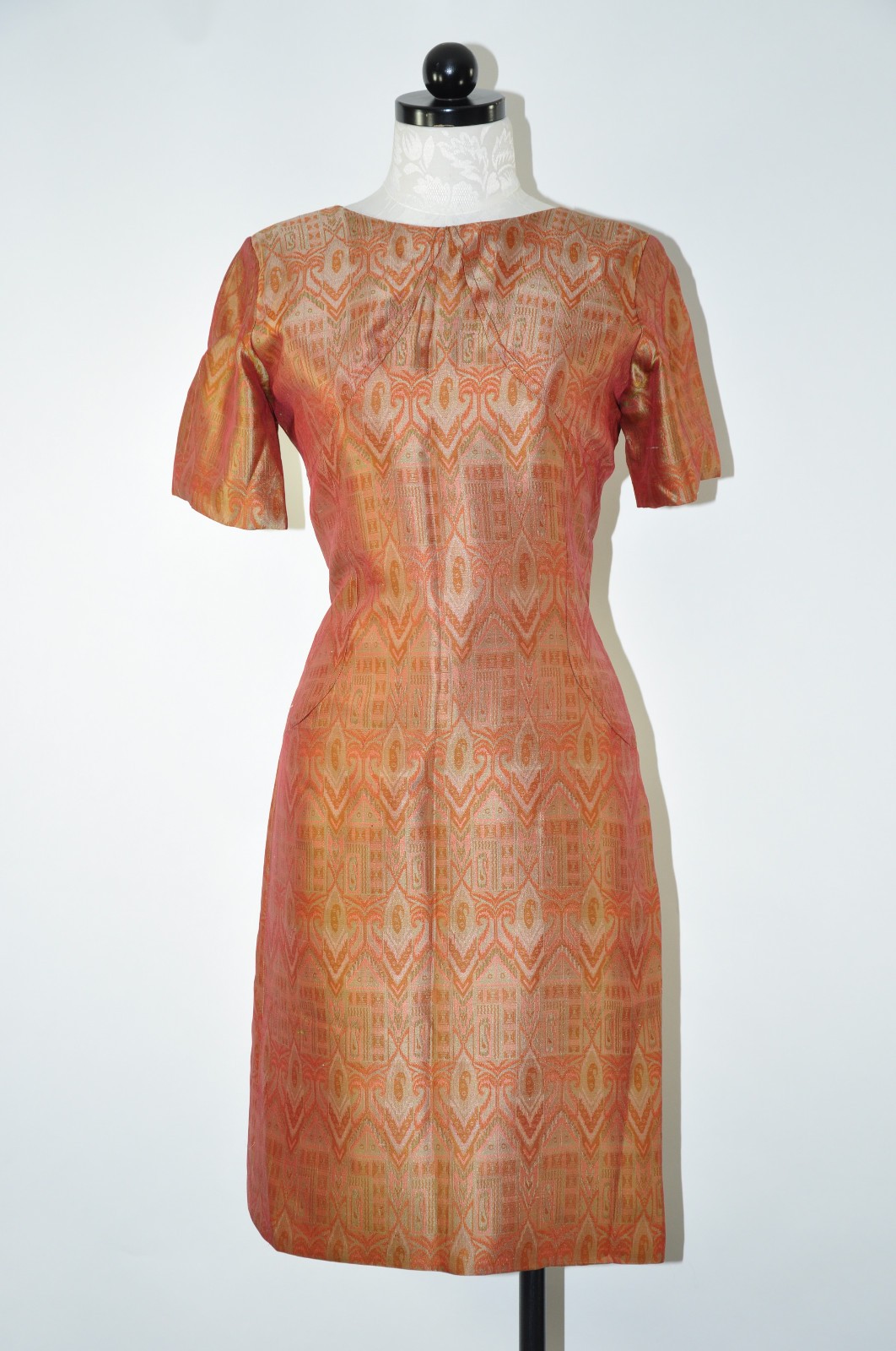 60s Vintage Copper Rust Brown Silk Ikat Short Sleeve Wiggle Dress Women S M