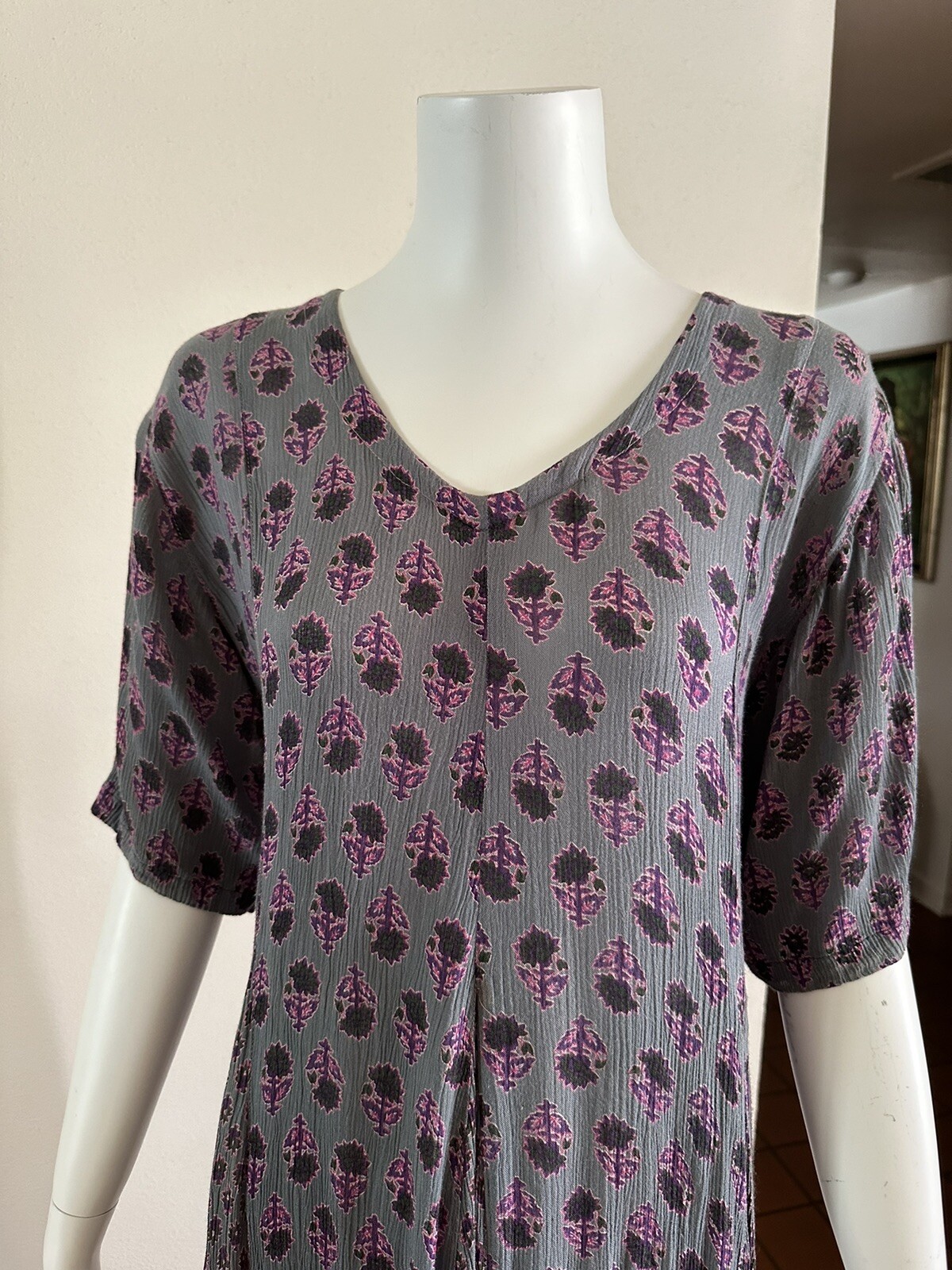 1990s Indian Block Print Rayon Gauze Tie Back Dress Grunge Floral Punk M 90s VTG