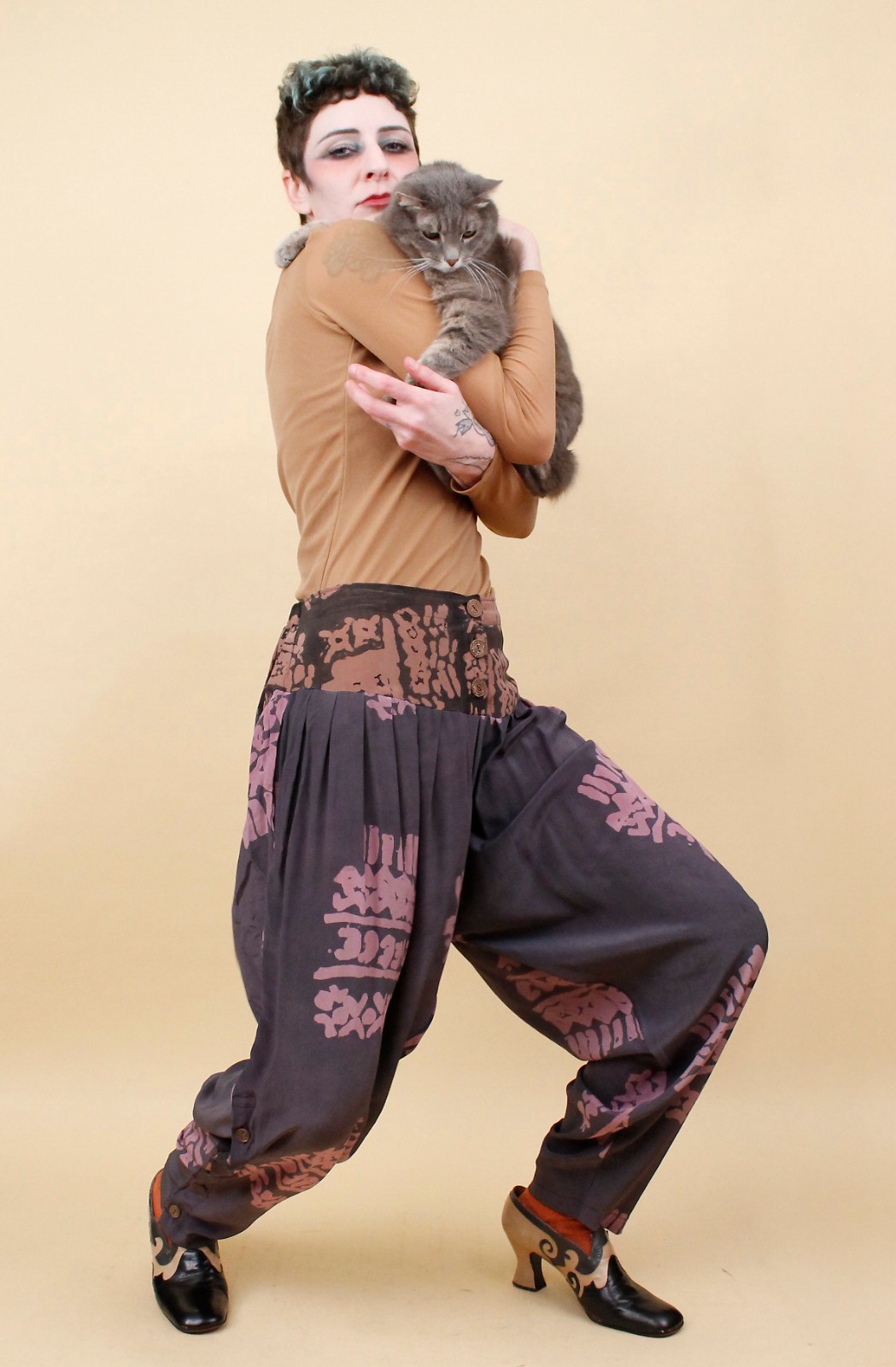 80s Vtg Silk Laise Adzer Designer Silk Moroccan Lagenlook Art Pants S-M W28-30″