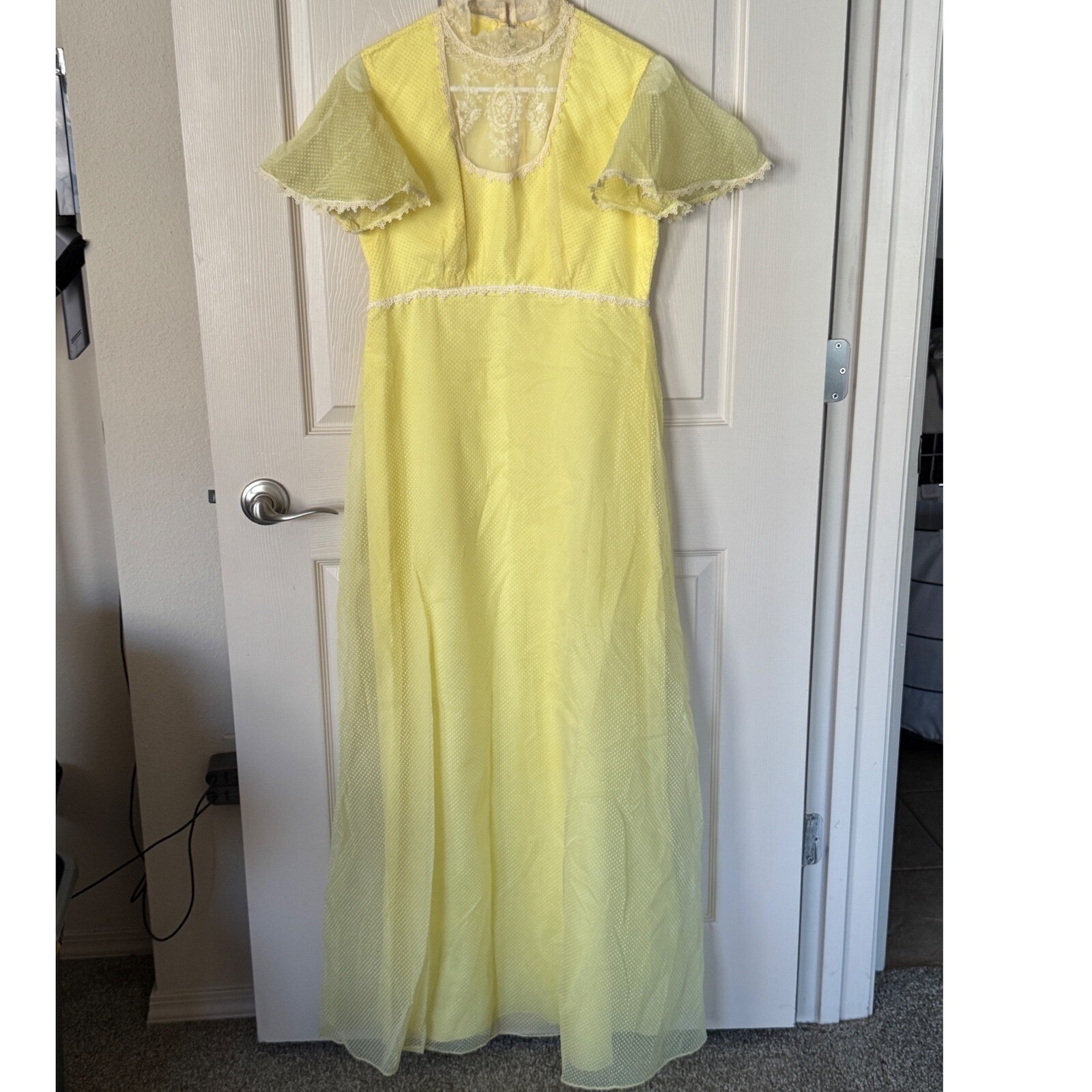 Vintage 70s Yellow Swiss Dot Lace Maxi Dress ILGWU Union Made Boho Prairie Sz 11