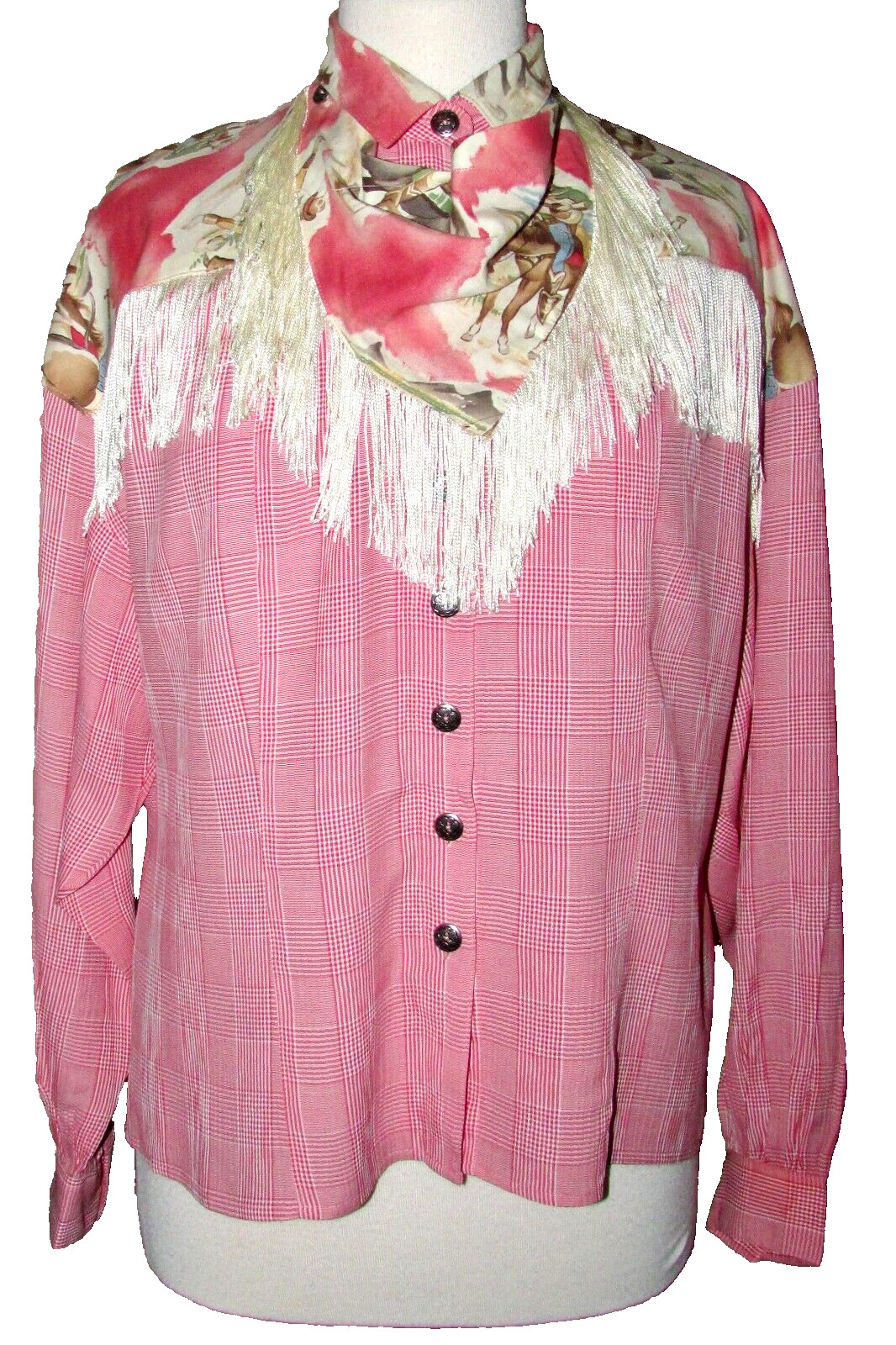 Vintage PINK Fringed Western Long Sleeve Blouse with Scarf Pamela Brandt USA 8