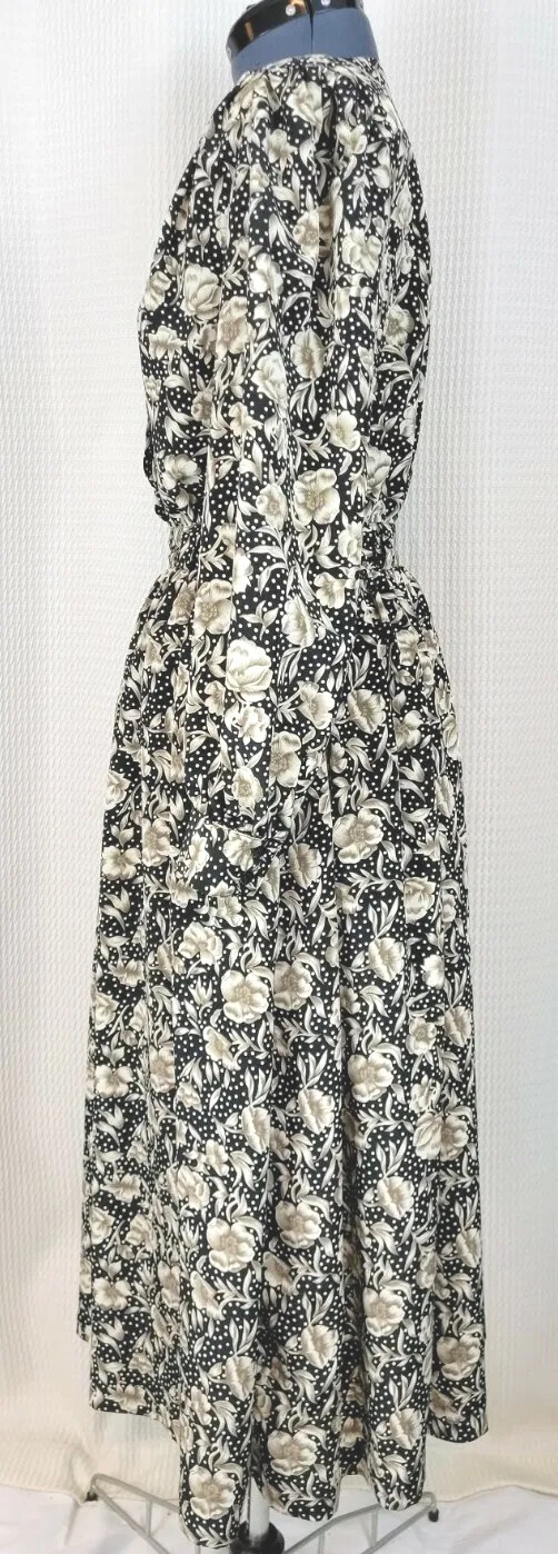 Vtg Personal Blouse & Skirt Set in Black w Tan & White Florals & Polka Dots Sz 8