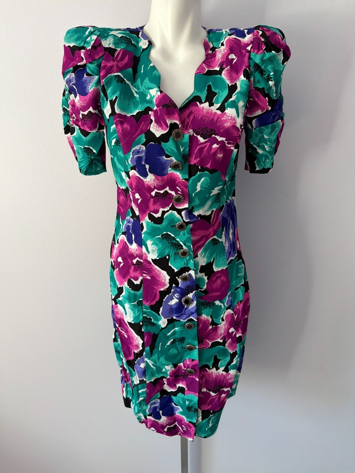 Vintage 90s All That Jazz Floral Dress Button Knee Length Career Cocktail Size 8
