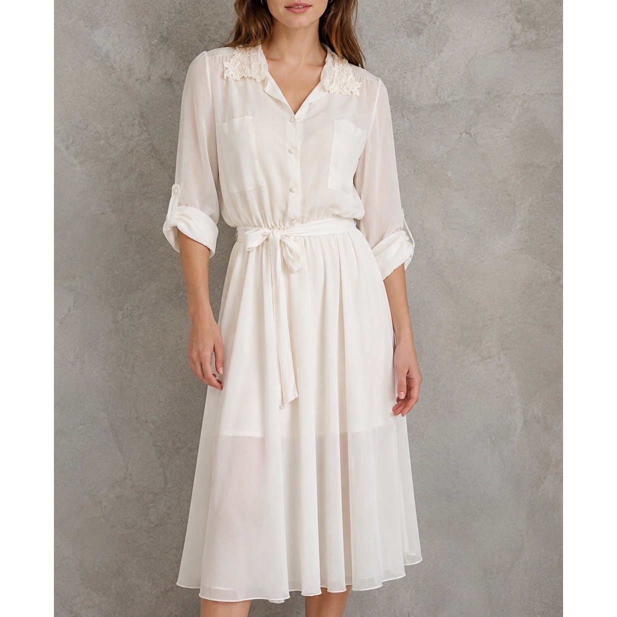 VTG 80s Strauss by Bonnie White Sheer Lace Collar Midi Dress Sz 5/6 modern S/M