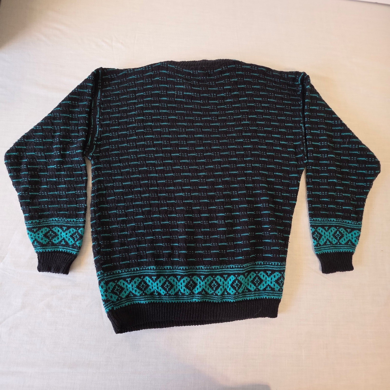 Vintage Crewneck Sweater Fair Isle Geometric Teal Black OS Retro 80s 90s