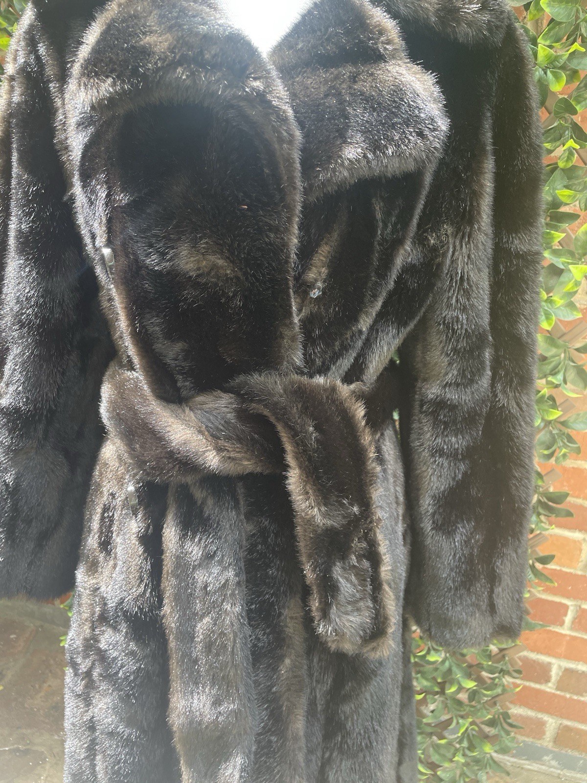 Vintage Mob Wife Faux Fur Coat Y2K Saks France Brown Sash Belt Sz Small S