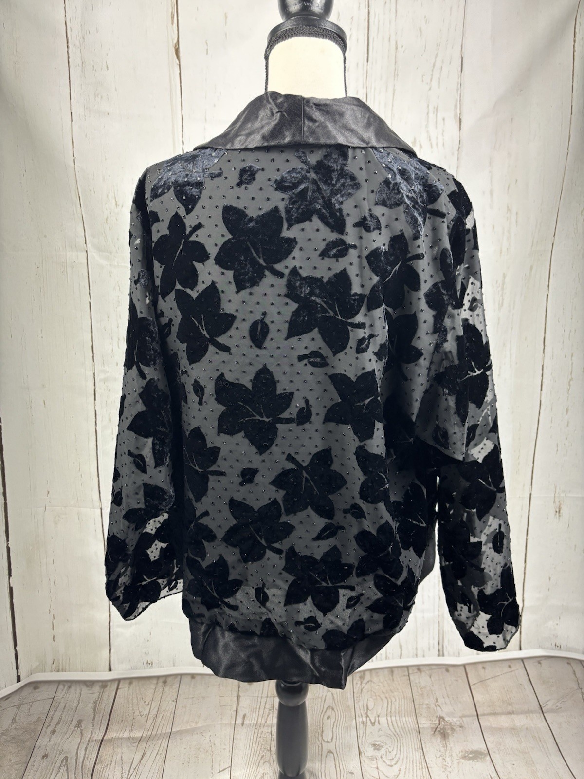 Vintage Velvet Satin Floral Patra Open Jacket Cardigan Satin Shawl Collar Sz XL