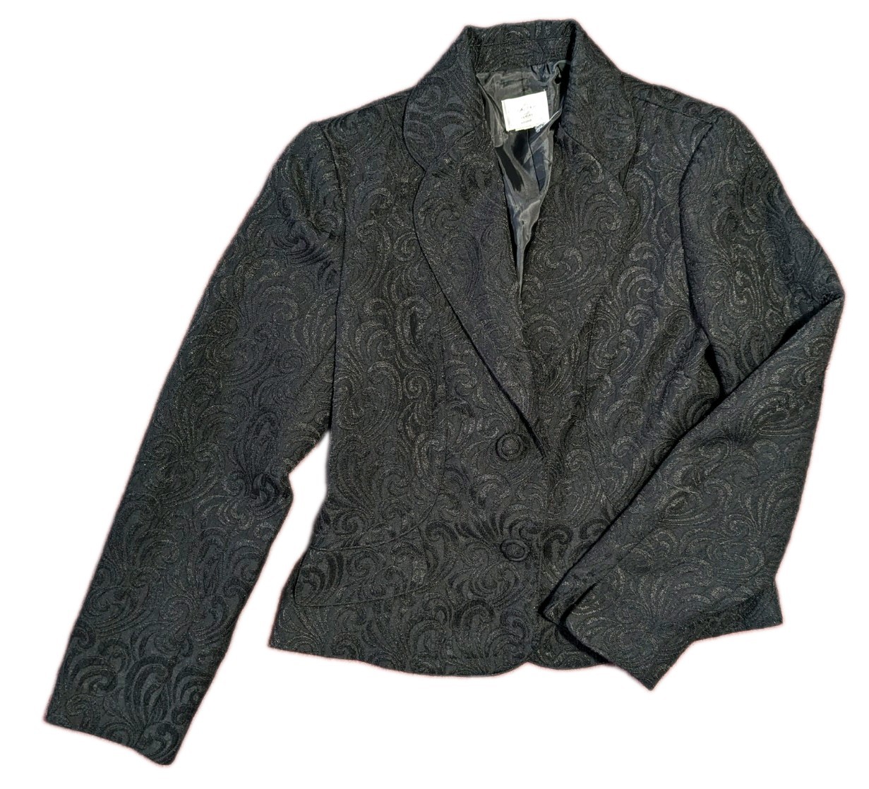 VTG Emma James Petite (Liz Claiborne) Black Textured Swirl Patterned Blazer S-M