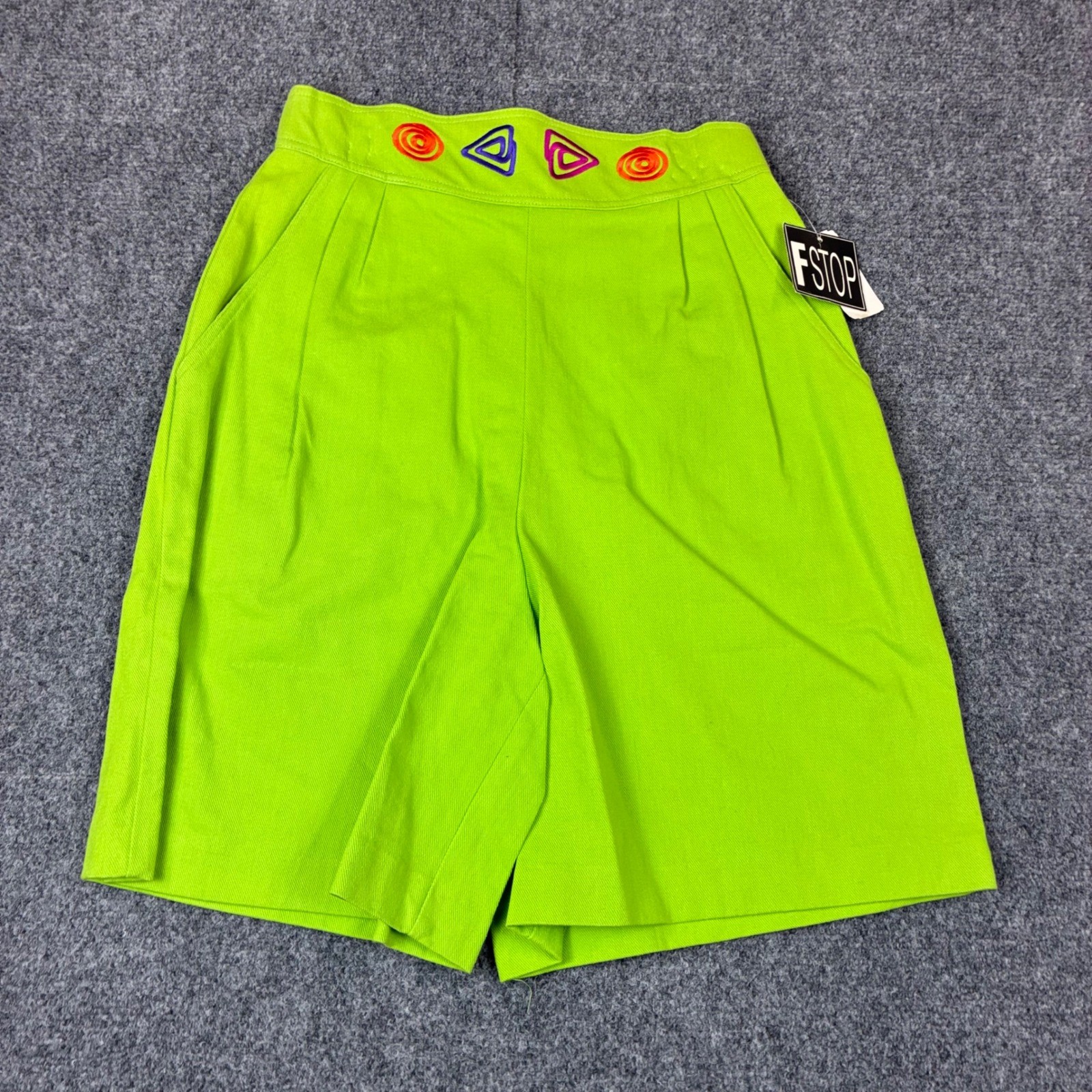 VTG F Stop Neon Lime Green High Waisted Embroidered Shorts Size 6 Made in USA