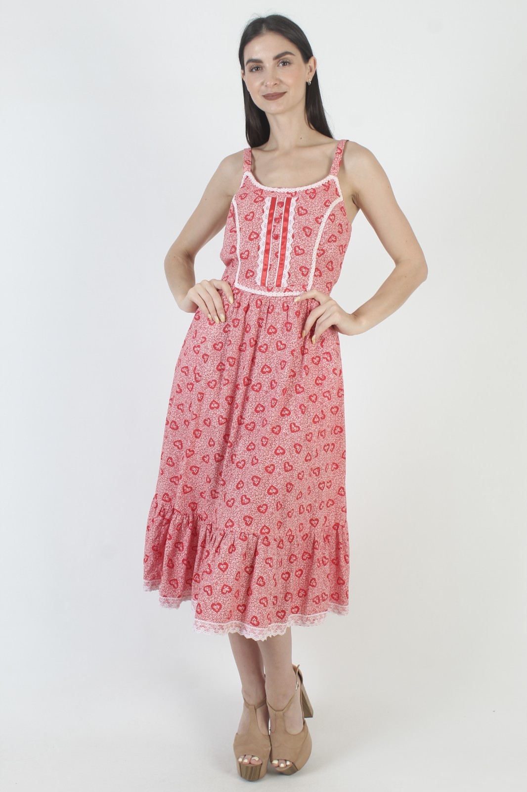 Vintage Red Heart Print Dress Calico Crochet Lace Boho Prairie Cottage Sundress