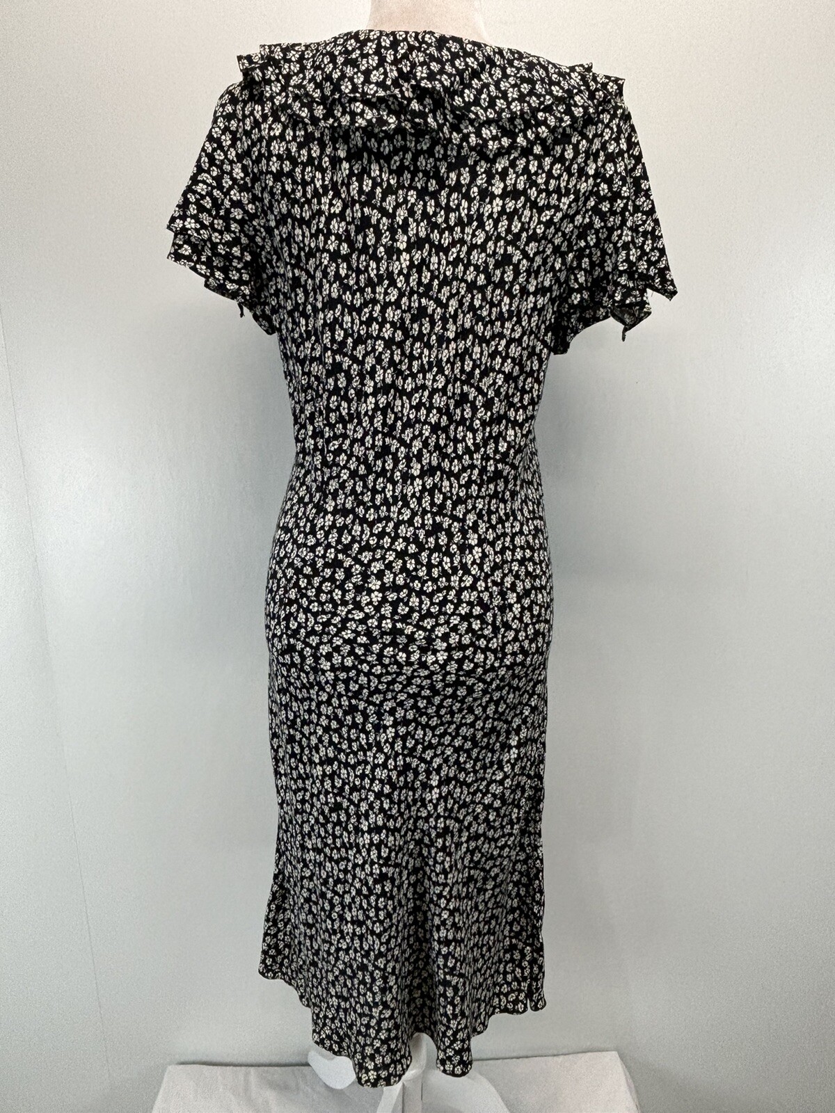 Vtg Betsy Lauren Ditsy Floral Midi Dress Sz 8 Black White Grunge Ruffle 90s