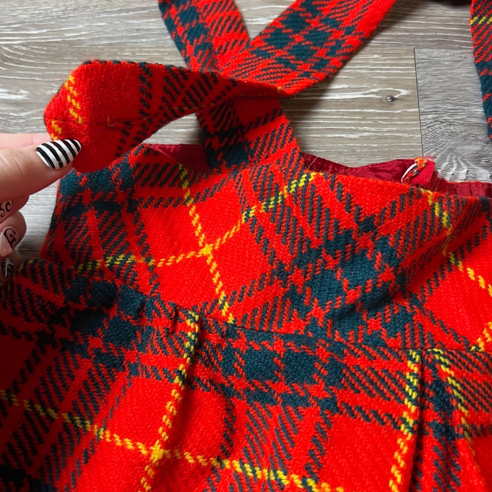 Carol Brent Pinafore Dress Womens XS Red Plaid Vintage Jumper Tartan Gold Button