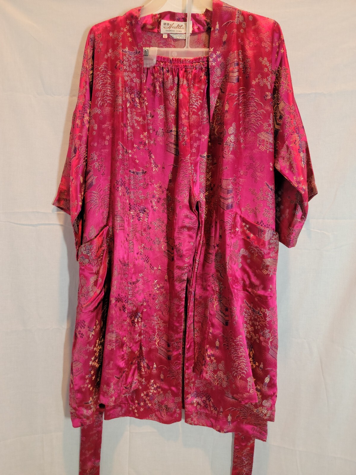 Vintage Health Chinese Robe and Pants Womens Size 10 Pink All Over Embroidery