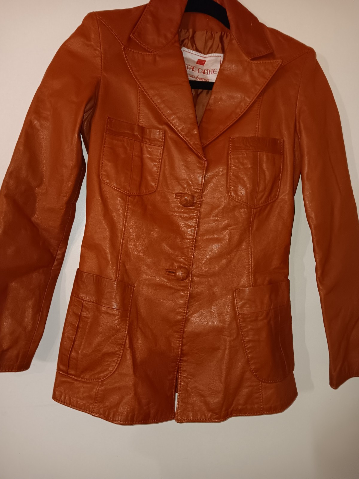 Vintage Leather Jacket Crae Carlyle Size S 70s Glossy Nutmeg Brown Fitted