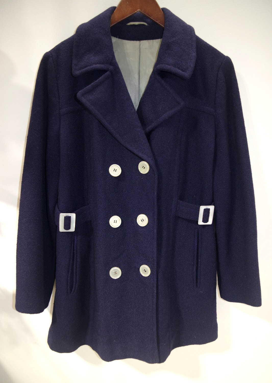 JJ Awesome Vintage Woven Wool COAT Womens S/M 70s Navy Blue Retro JACKET