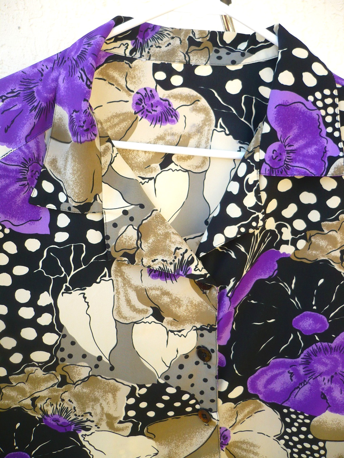 VTG 80S 2X PLUS PURPLE FLORAL BLACK WHITE DOT MIXED PRINT SILKY SHIRT BLOUSE TOP