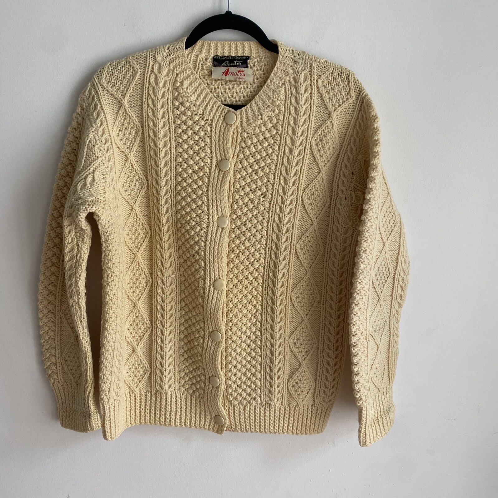 Arnotts Dublin Pure Wool Hand Knit Cardigan Womens XS-Small Cream Sweater VTG