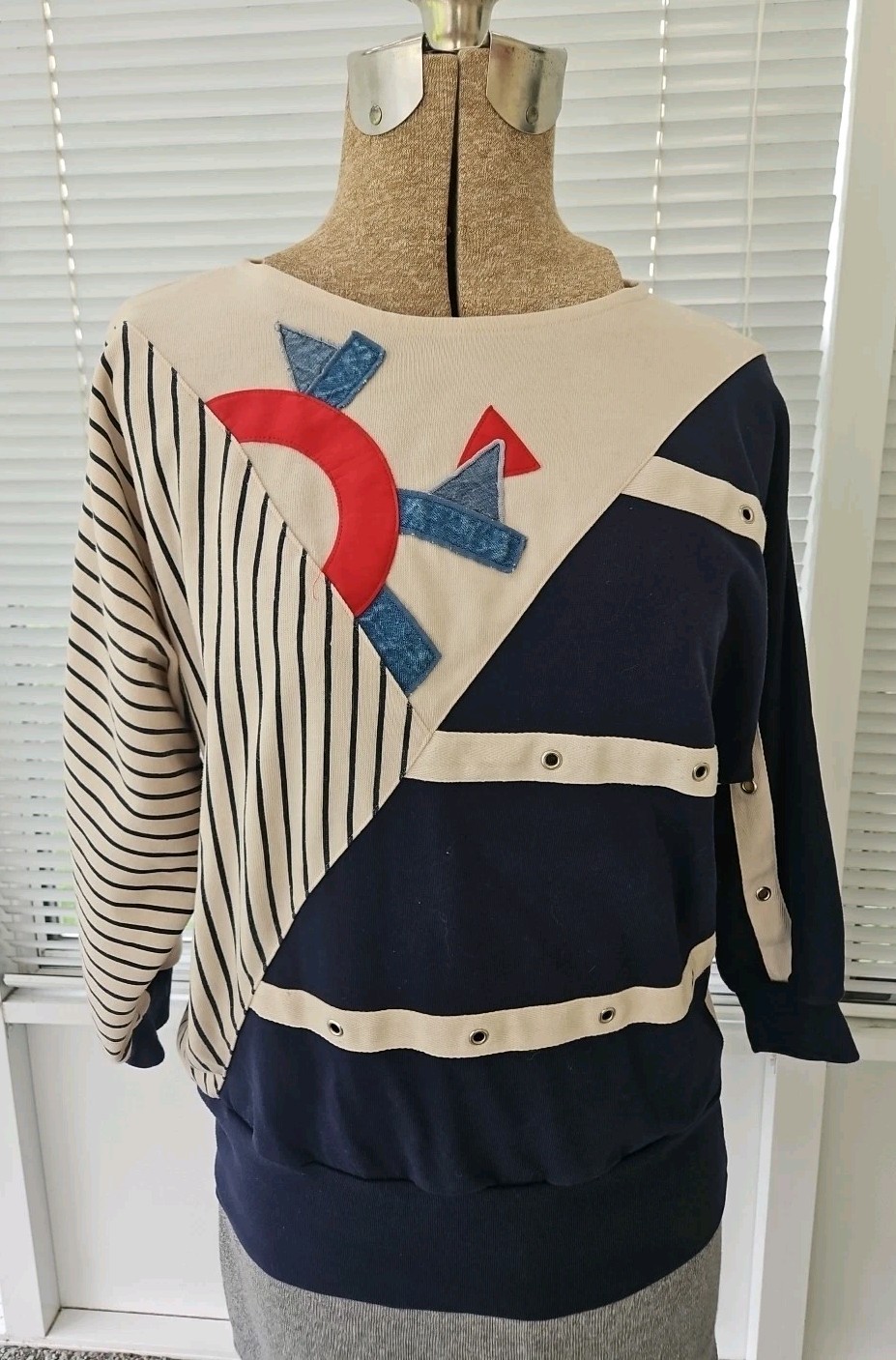 VTG 80s 90s Bonnie & Bill by Holly Womens MEDIUM Nautical Dolman Top 3/4 Sleeves