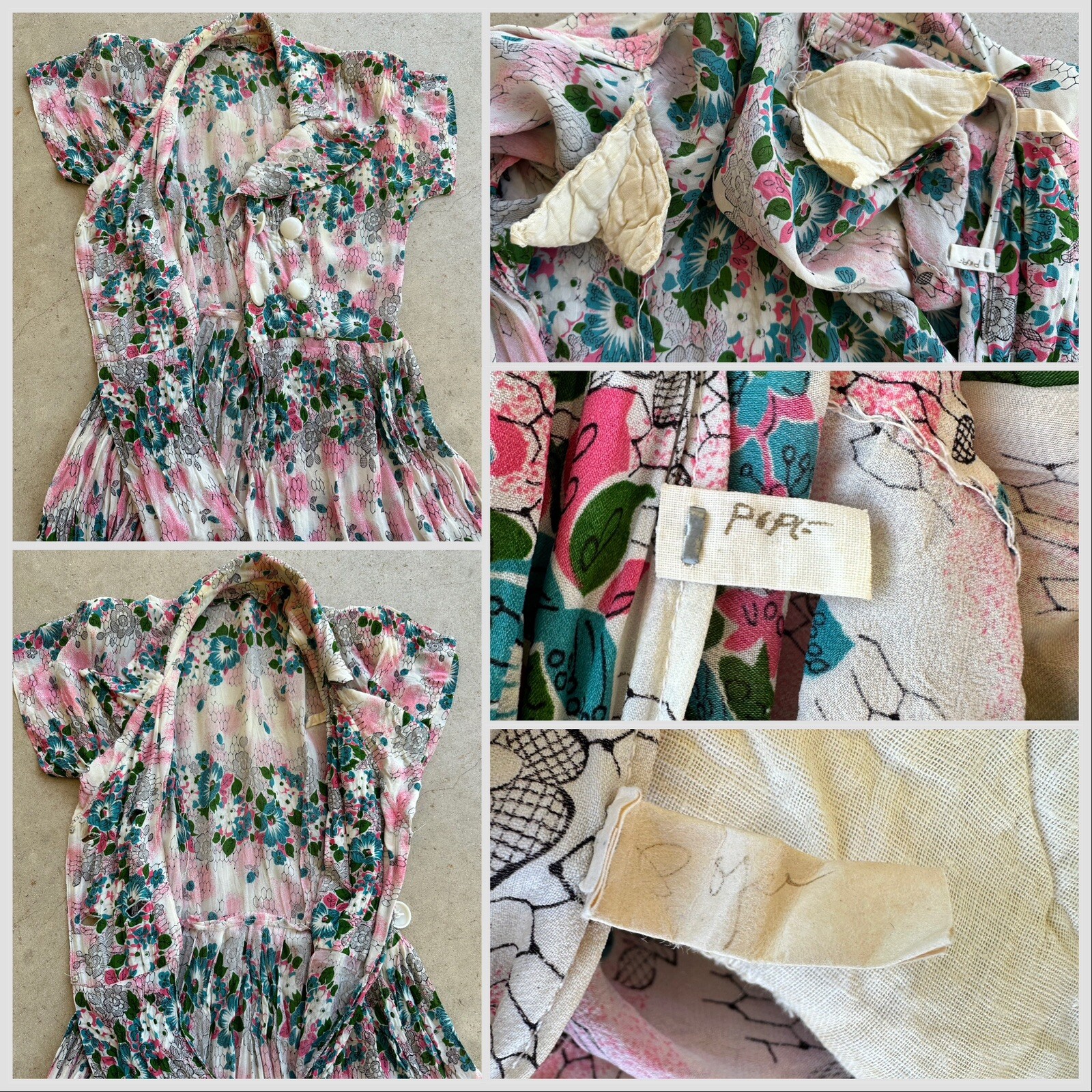 Vintage 1940s Floral Crepe Day Dress Big Collar Novelty Print Pink Blue Small