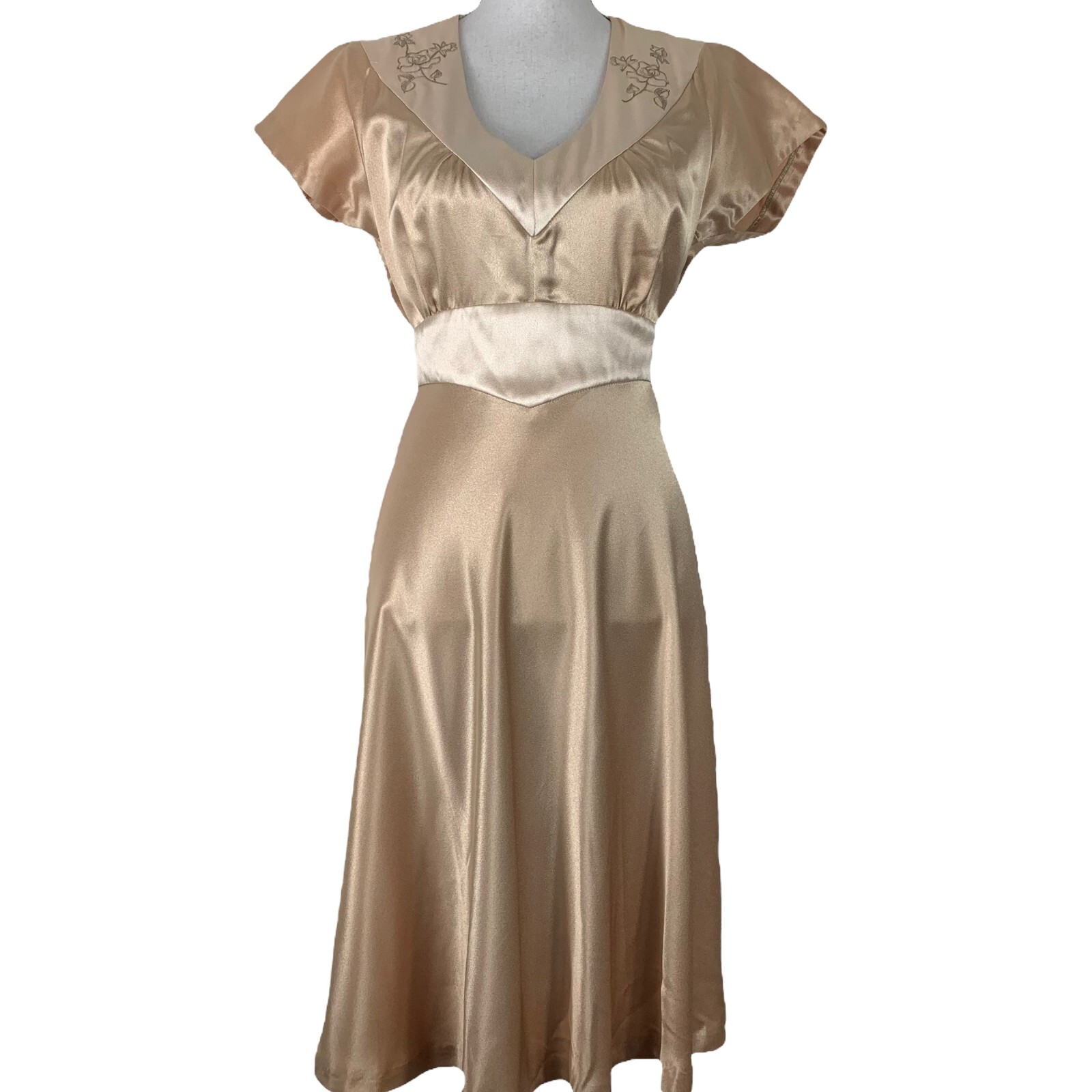Vintage Dress The Strawberry Plant Sz 7/8 Champagne Satin Fit Flare Short Sleeve