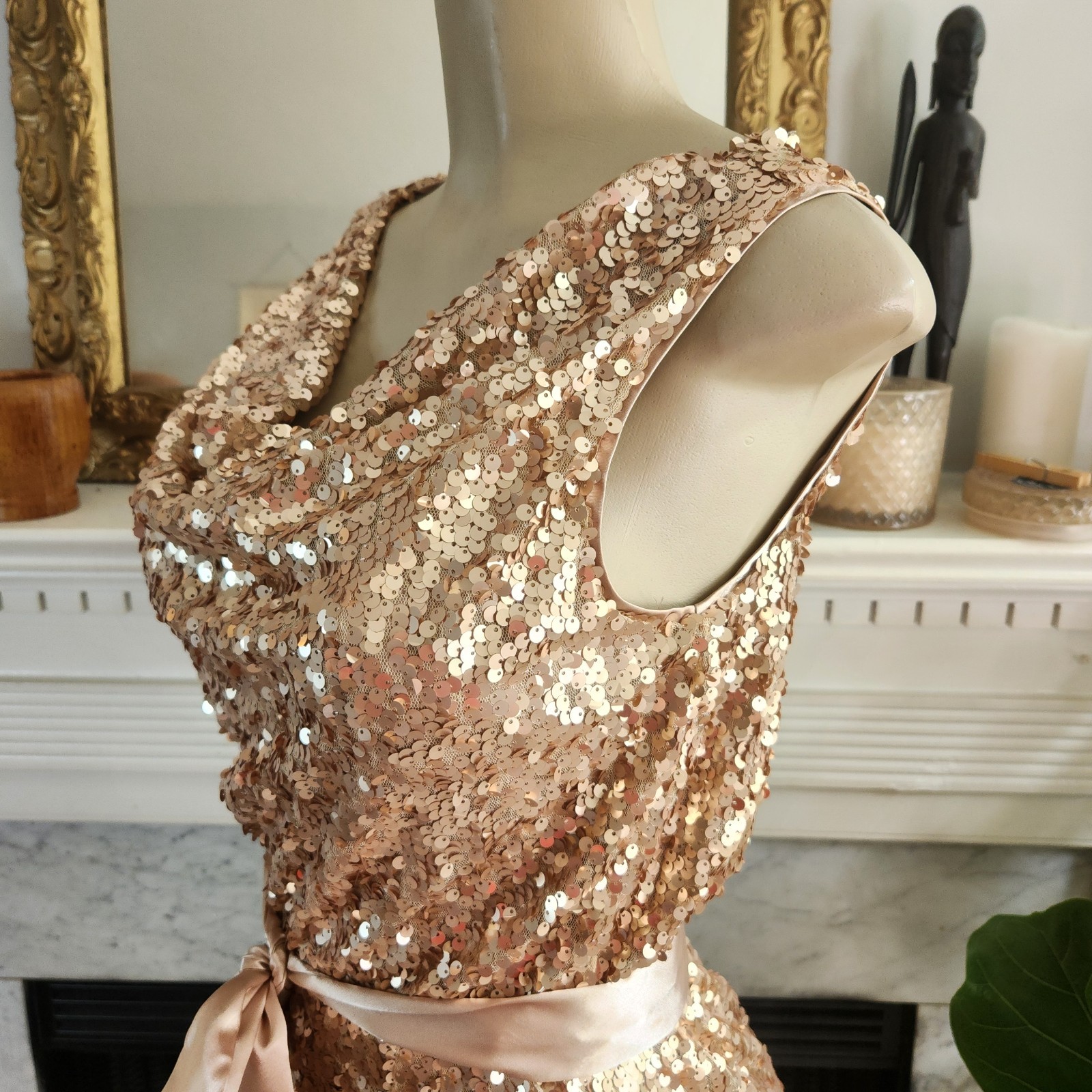 Vintage 90s Cache Gold Sequin Mini Dress Sz 4 Y2K Party Cowl Stretch Party Glam