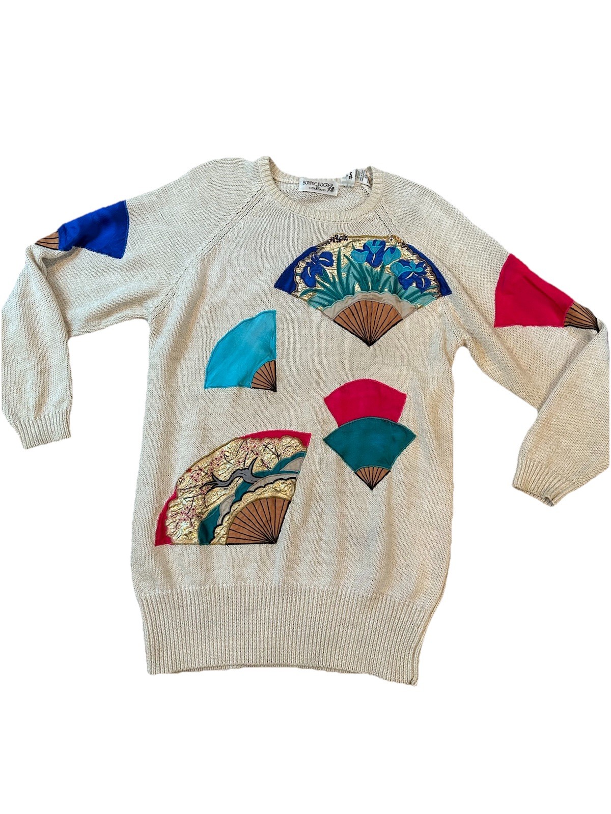 Vintage 86 Bonnie Boerer Geisha Fan Sweater L Cream Gold Art Deco Colorful Long