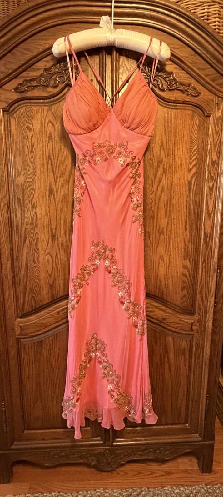 Vintage 90s Scala Coral Salmon Silk Beaded Mermaid Gown-M/L