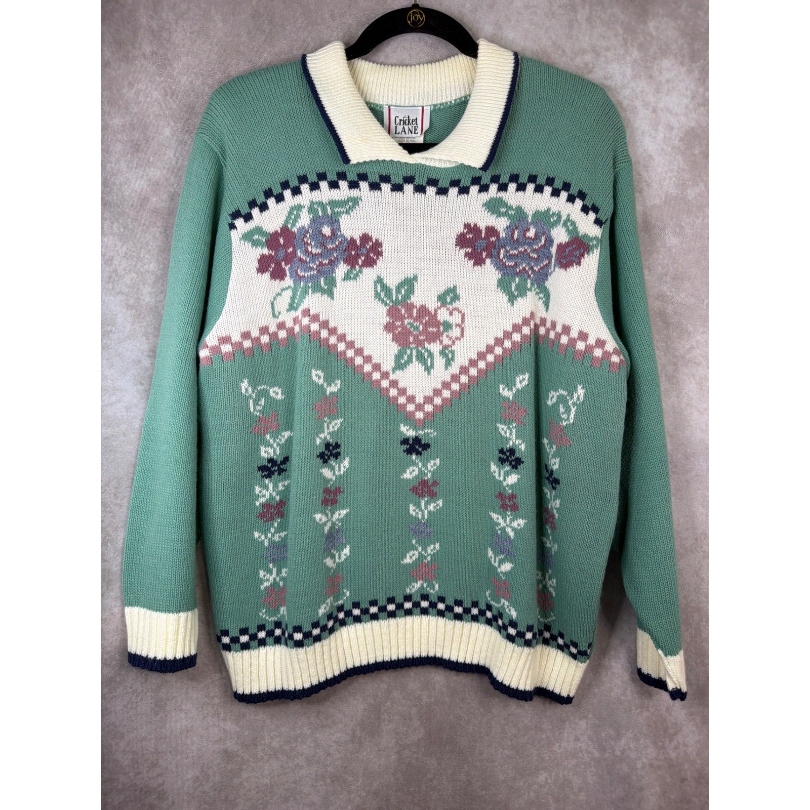 NWT VTG 90s Cricket Lane Sweater Womens Large Green Floral Polo Collar USA
