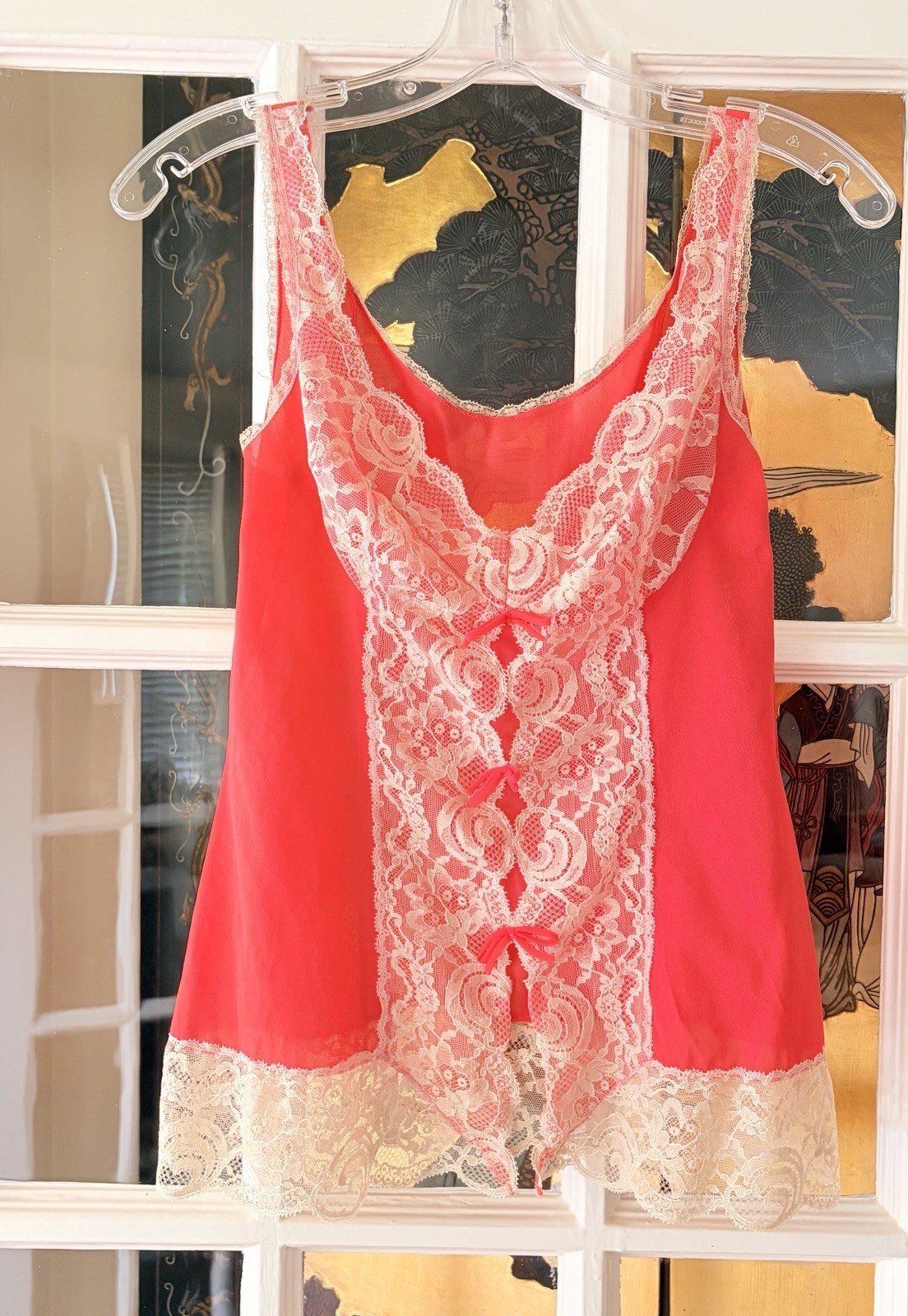 Vtg 60s 70s Hollywood Vassarette Lace Camisole Coral Pink Tank Top Crepelon 34