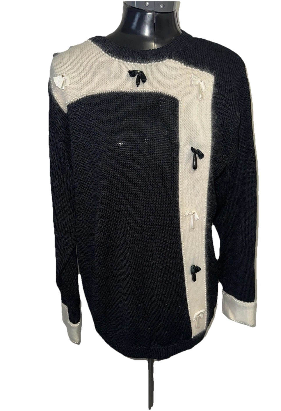Carducci Vintage Cream Black Ivory 80s Pearl Bows Angora Knit Sweater M Crewneck
