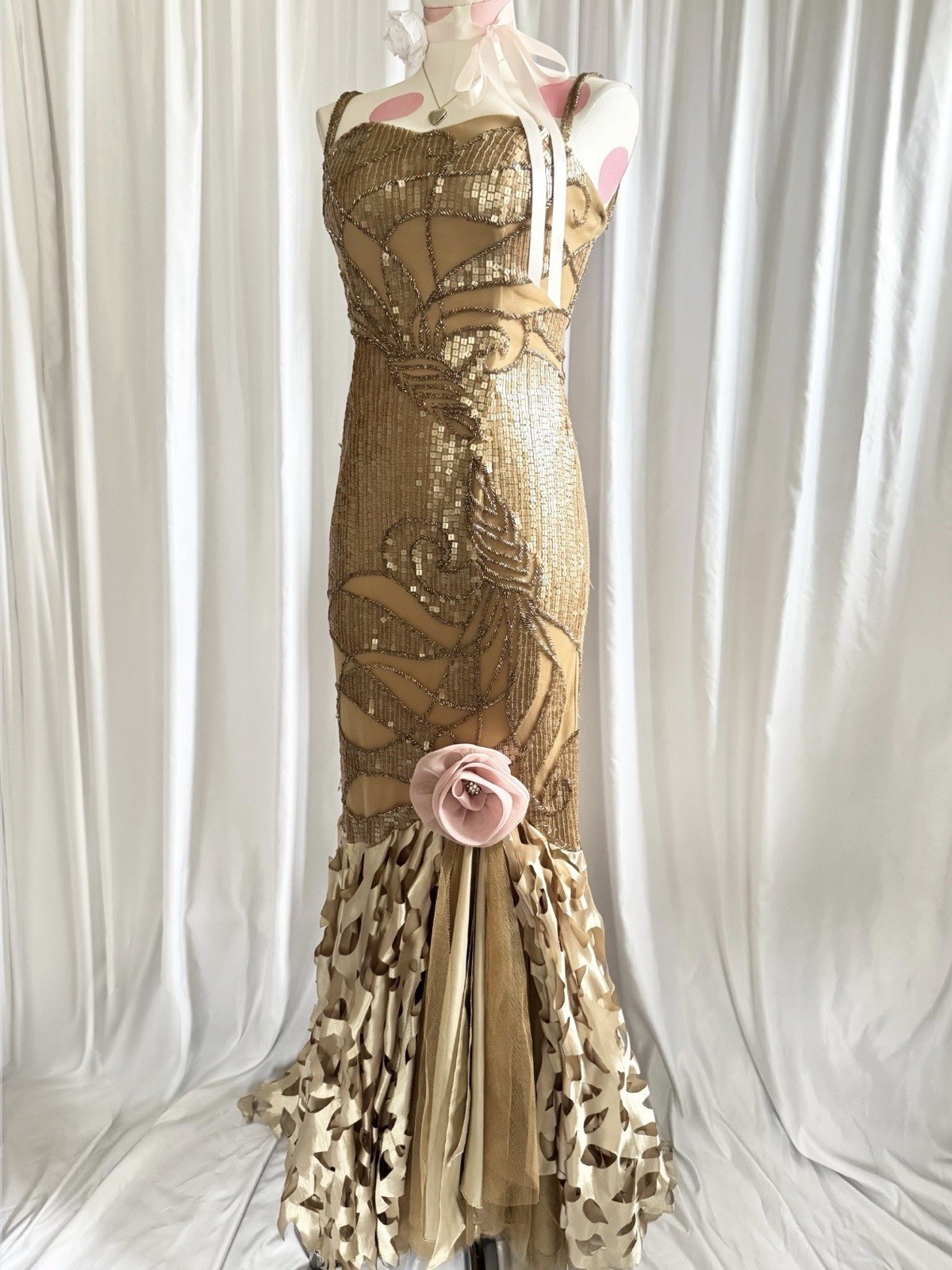 Vintage Gold Fairy Beaded Sequin Ruffle Mesh Vacation Princess Formal Gown Dress