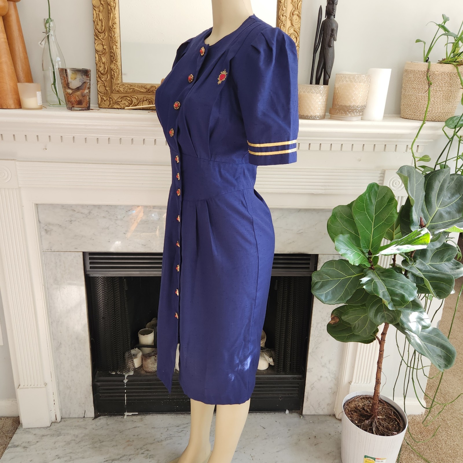 Vintage 80s Blue Midi Pencil Dress Military Nautical Office Pleated Size 6