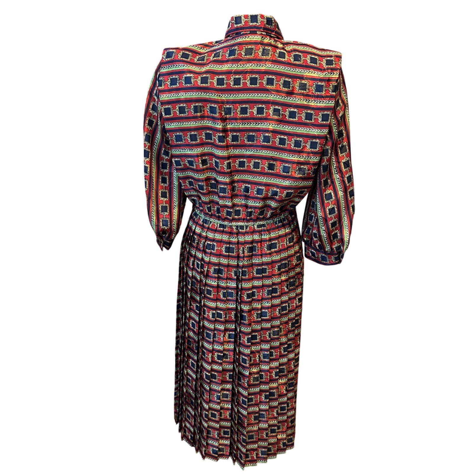 Lady Carol Petites Small Vintage 80s Pleated Midi Dress Red Navy Geometric