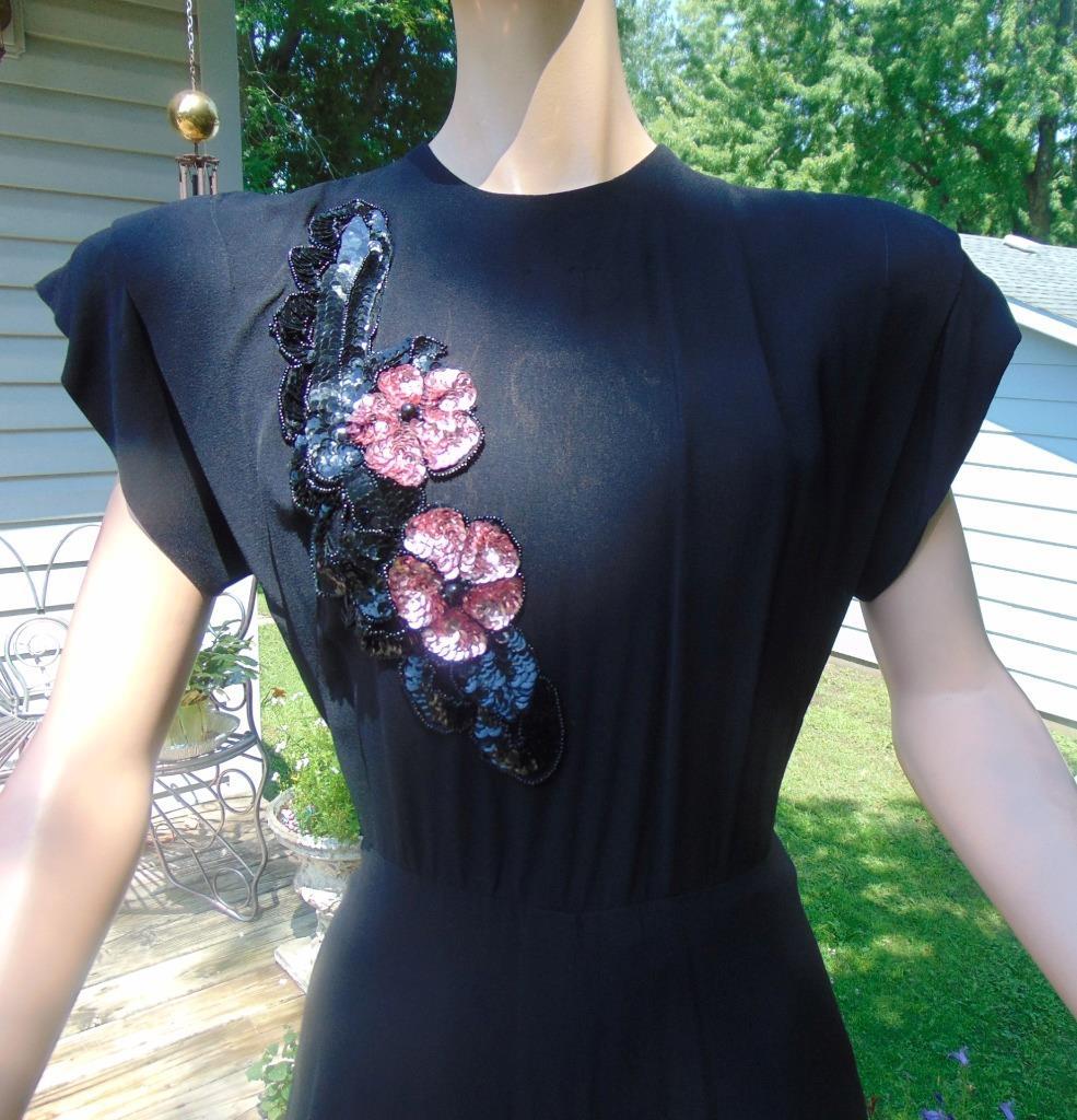 VTG 40s Black Rayon Sequin Cocktail Dress Back Drape 28W