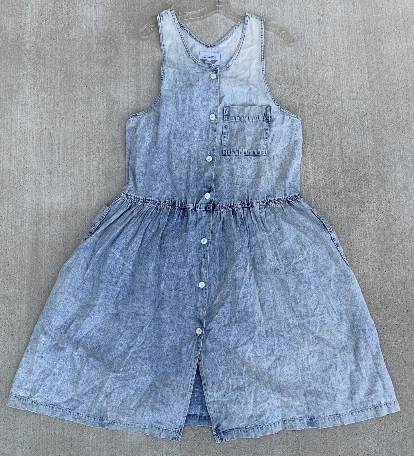 Vintage Limited Express EXP Acid Wash Denim Jumper Dress Pockets 1980s Size L