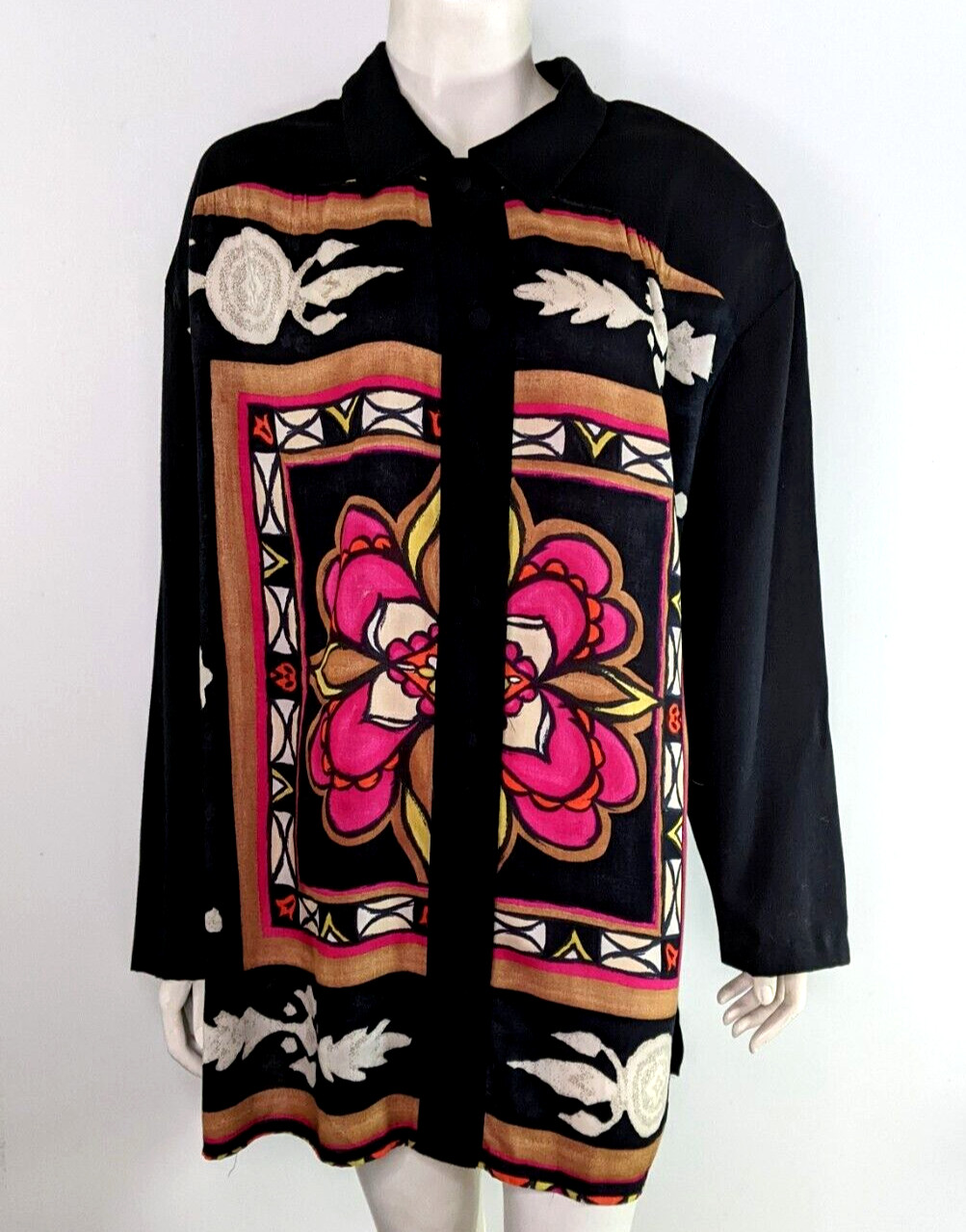 Vintage 90s Floral Blouse Black Pink Stained Glass Look Black Brown Womens L XL
