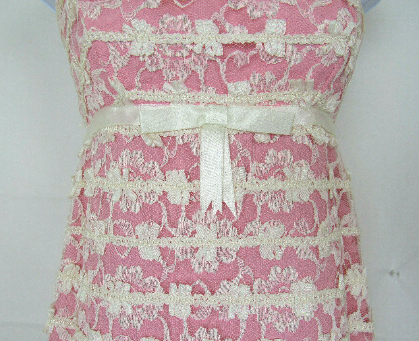 VTG 1950s REICH ORIGINALS MAXI DRESS PINK WHITE LACE MESH BOWS SLEEVELESS