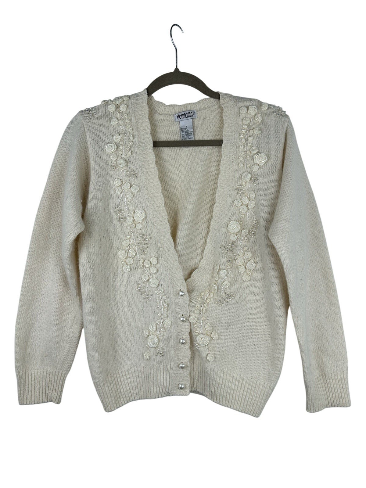 Vtg De Rotchild Sz M Silk Hand-Beaded Cardigan 1960s Faux Pearl Buttons Angora