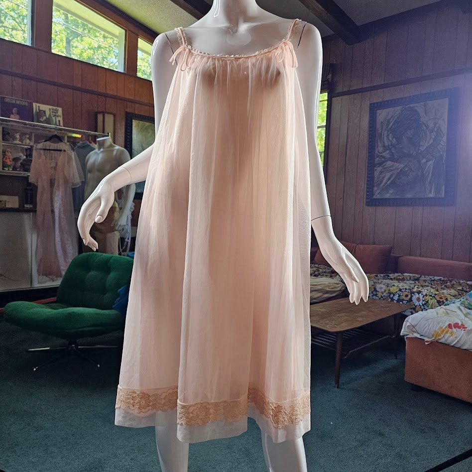 Vtg 60s Whipped Pink Babydoll Sheer Chiffon Double Layer Nightie Pajama M/L/XL