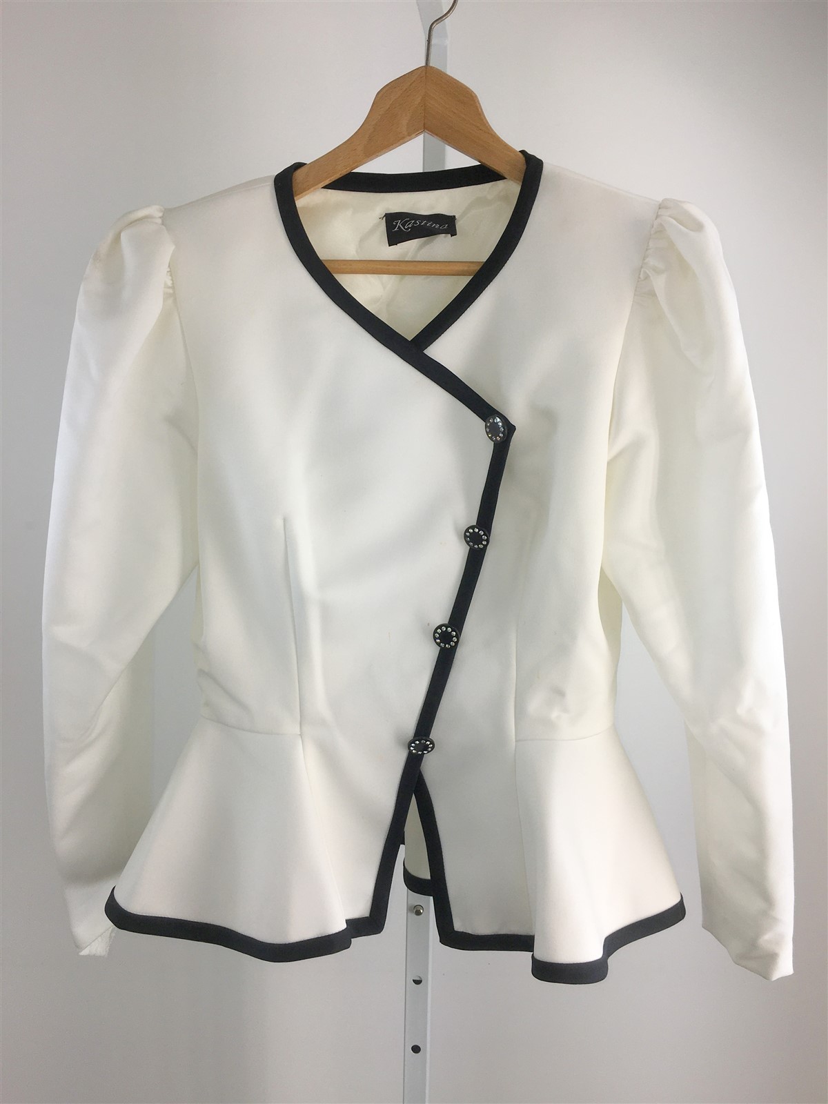 Vtg 1980s Kastina Blazer Jacket White Black Trim Dressy Sz 10 Peplum Bust 36″
