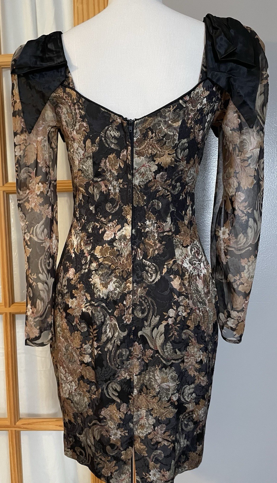Vtg 80s Floral Brocade Mini Dress S Beige Black Bow Sheer Sleeve Pleated Classic