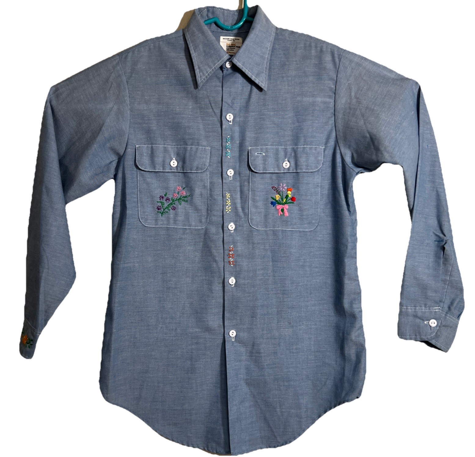 Vintage 70s JC Penney Big Mac Shirt Womens Small Blue Embroidered Cottagecore