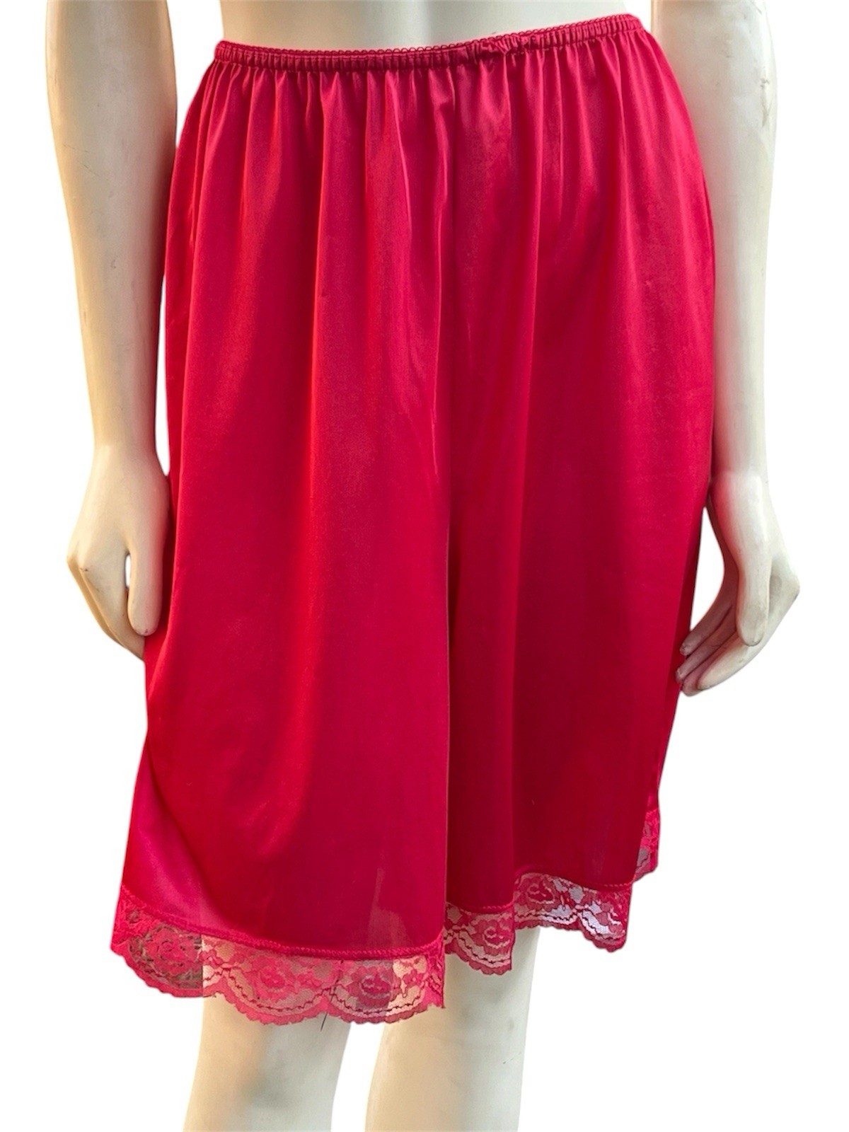 Vintage Red Nylon Slip Skirt Shorts Medium With Lace Split Back