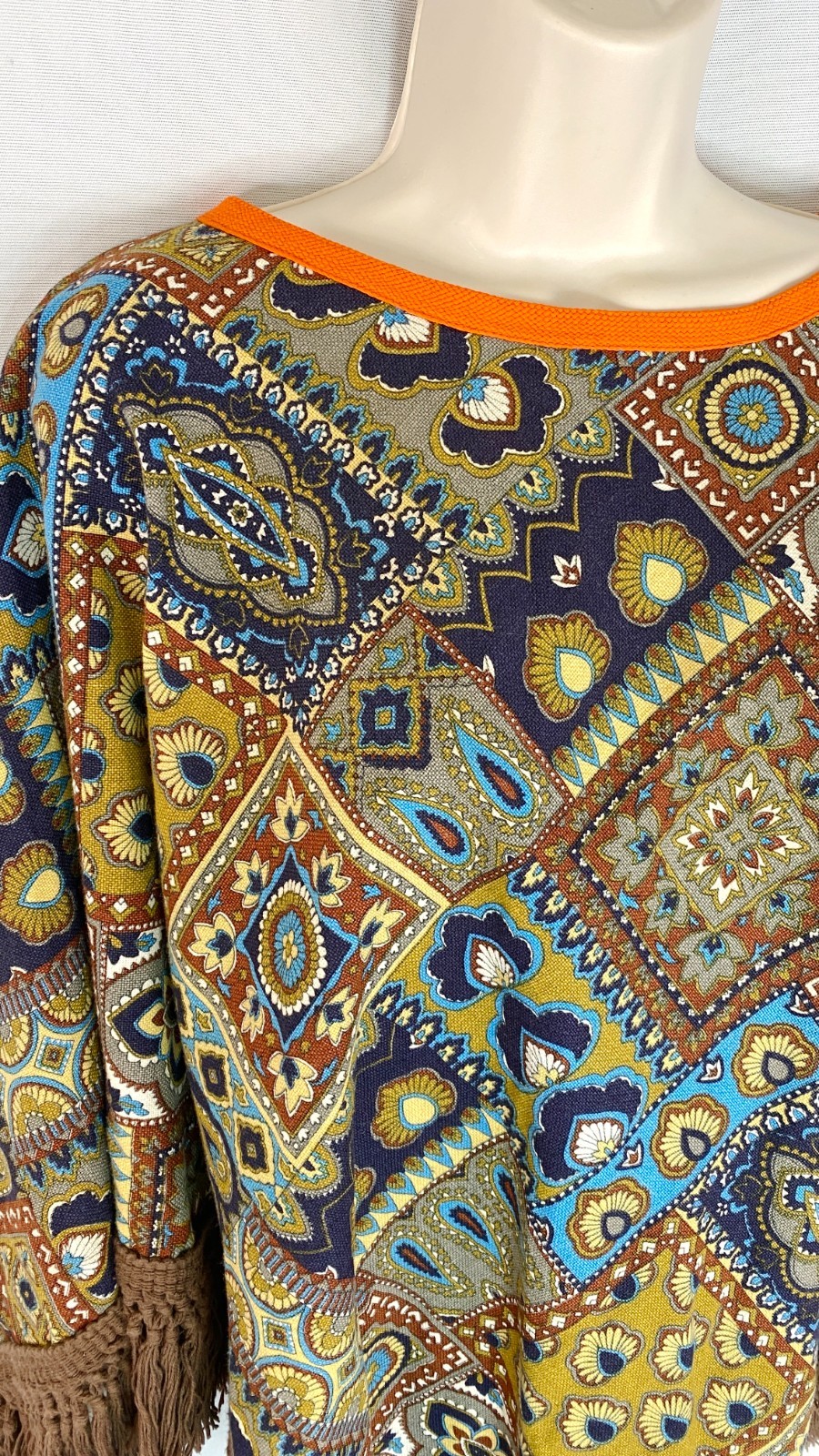 Vintage 1970s patchwork poncho OSFM pullover fringe brown blue mustard cotton