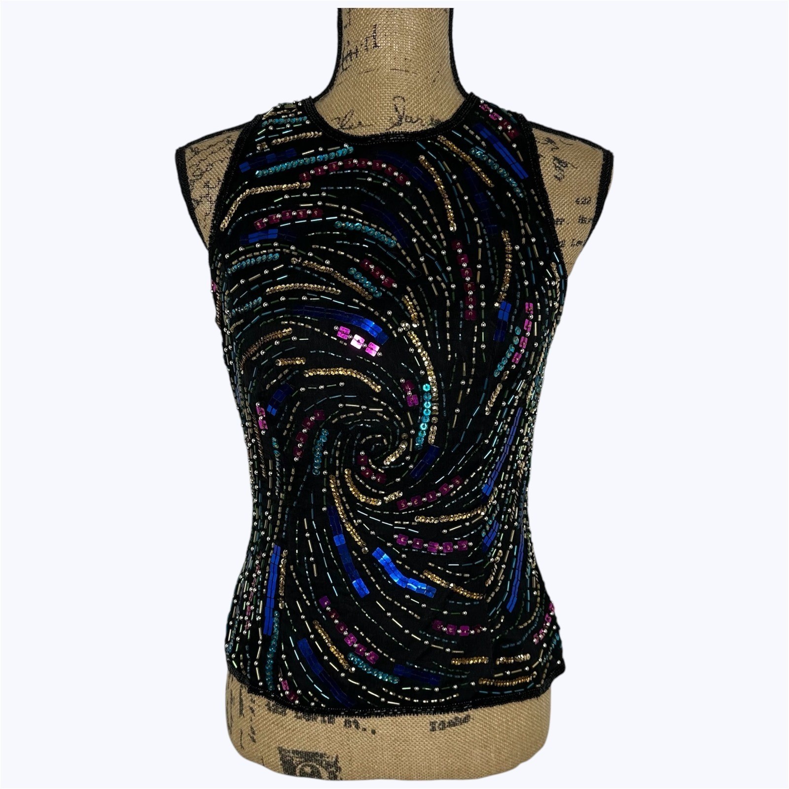 Laurence Kazar Black Silk Beaded Sequin Swirl Sleeveless Top Vintage Glam Sz M