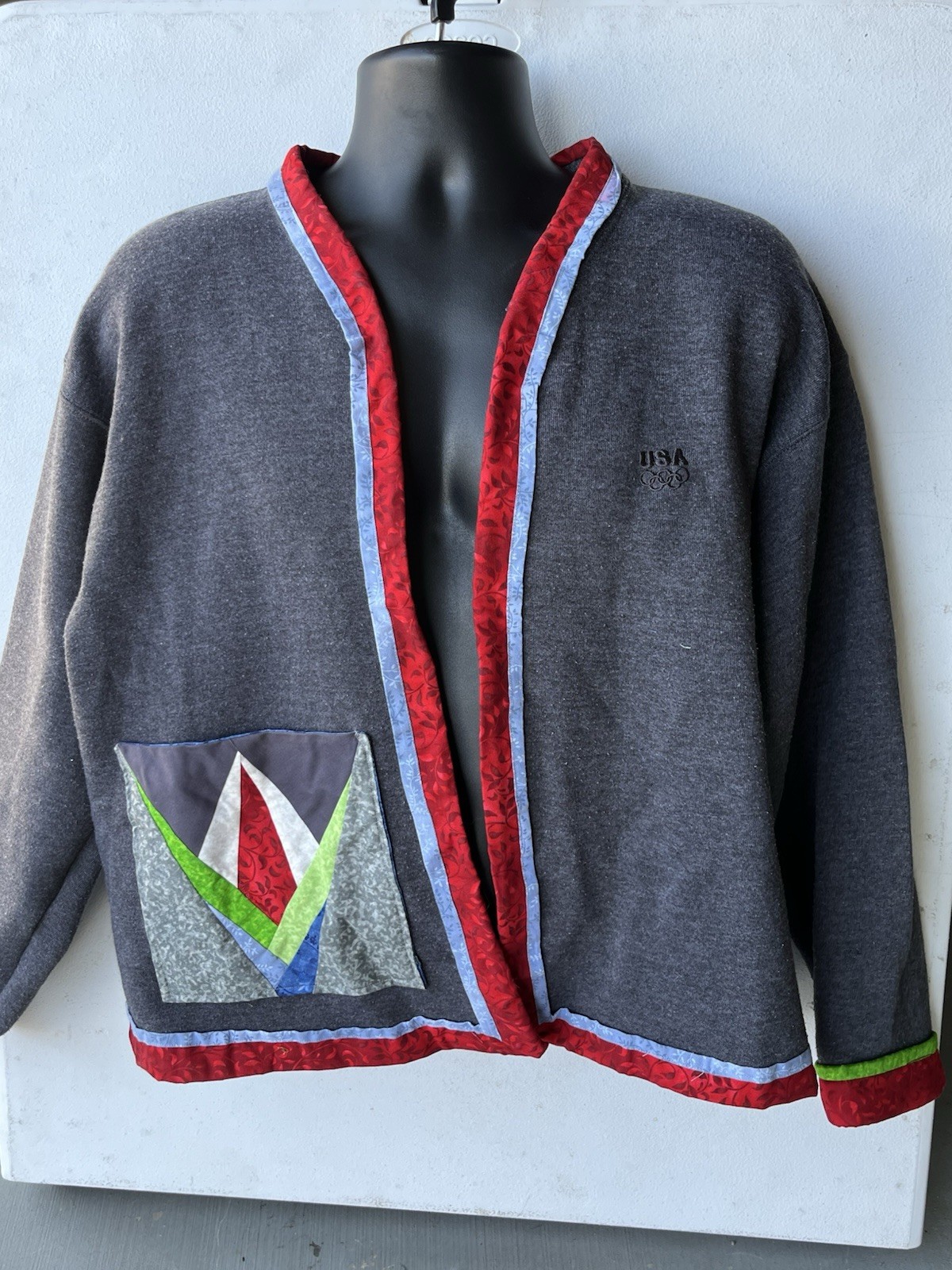 Vintage Altered USA Olympic Cardigan Sweater Womens L Gray