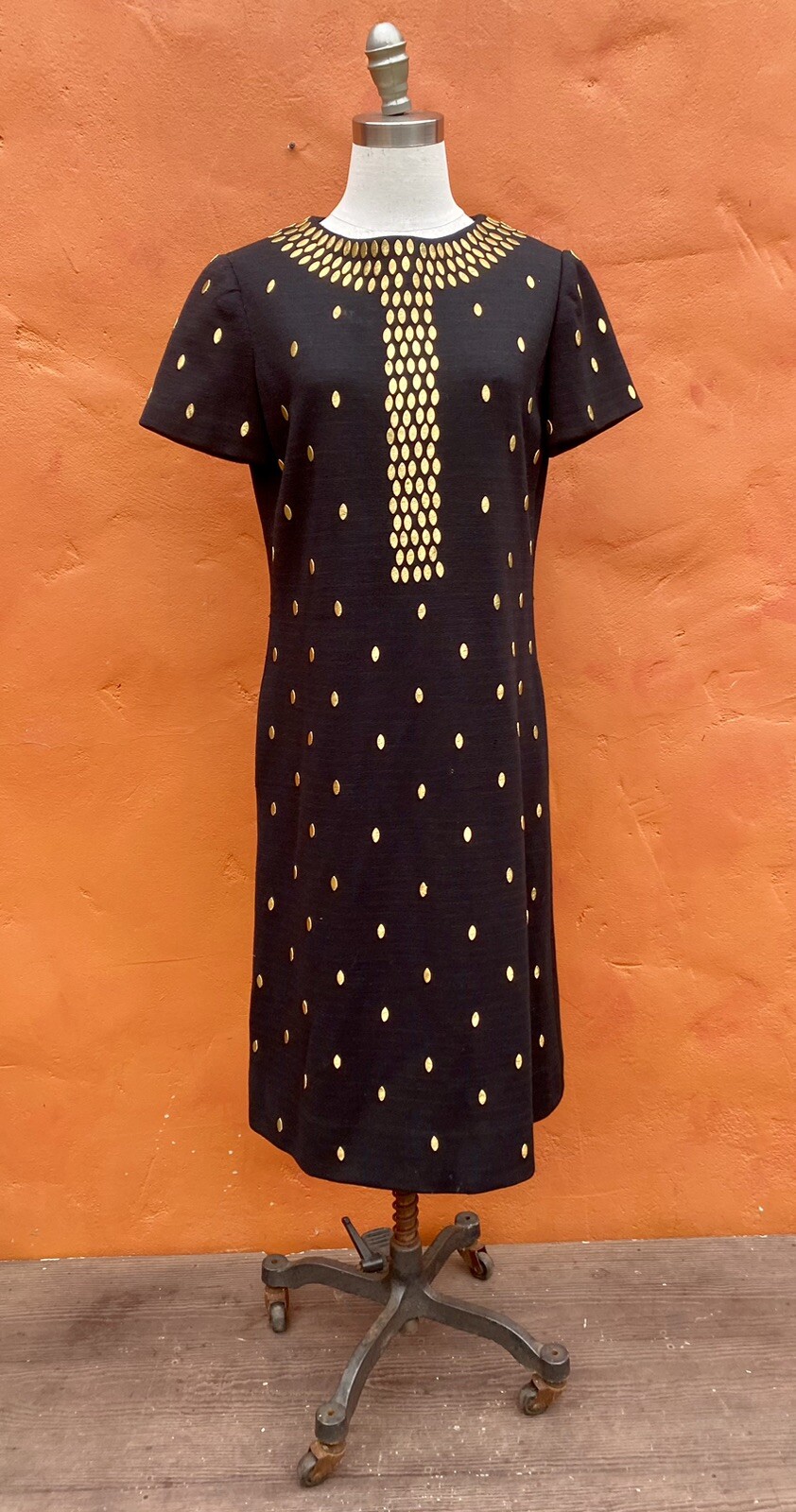 Vintage 1960s Mod Wool Sheath Dress Black Gold Metal Beaded Carlye pockets