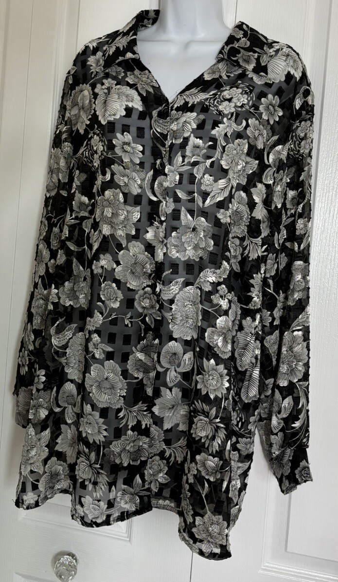 Vtg Y2K Ashley Stewart Black Floral Long Sleeve Button Up Blouse Top Sz 16