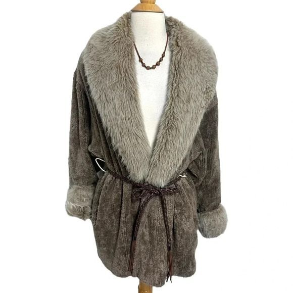 Monterey Fashions Faux Fur Coat Medium Brown Vintage Belted Shawl Collar USA