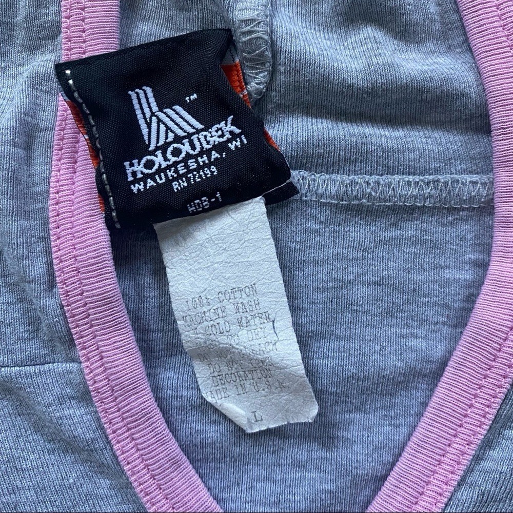 Vintage 00s Harley Davidson Holoubek hooded half sleeve tshirt gray w pink trim